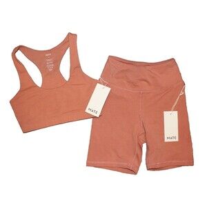 Mate the Label Women Organic Sports Bra & Biker Short 2 Pc Set XS Rose Pink NWT